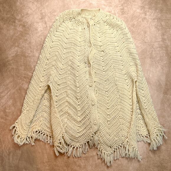 Vintage 70s Handmade Crochet Knit Poncho Shawl Sweater Cape Cardigan Cream Boho - Picture 1 of 5